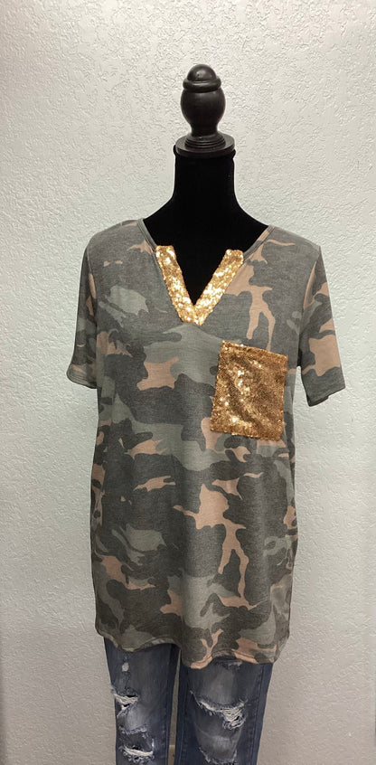 Camo Print Top Gold Sequins