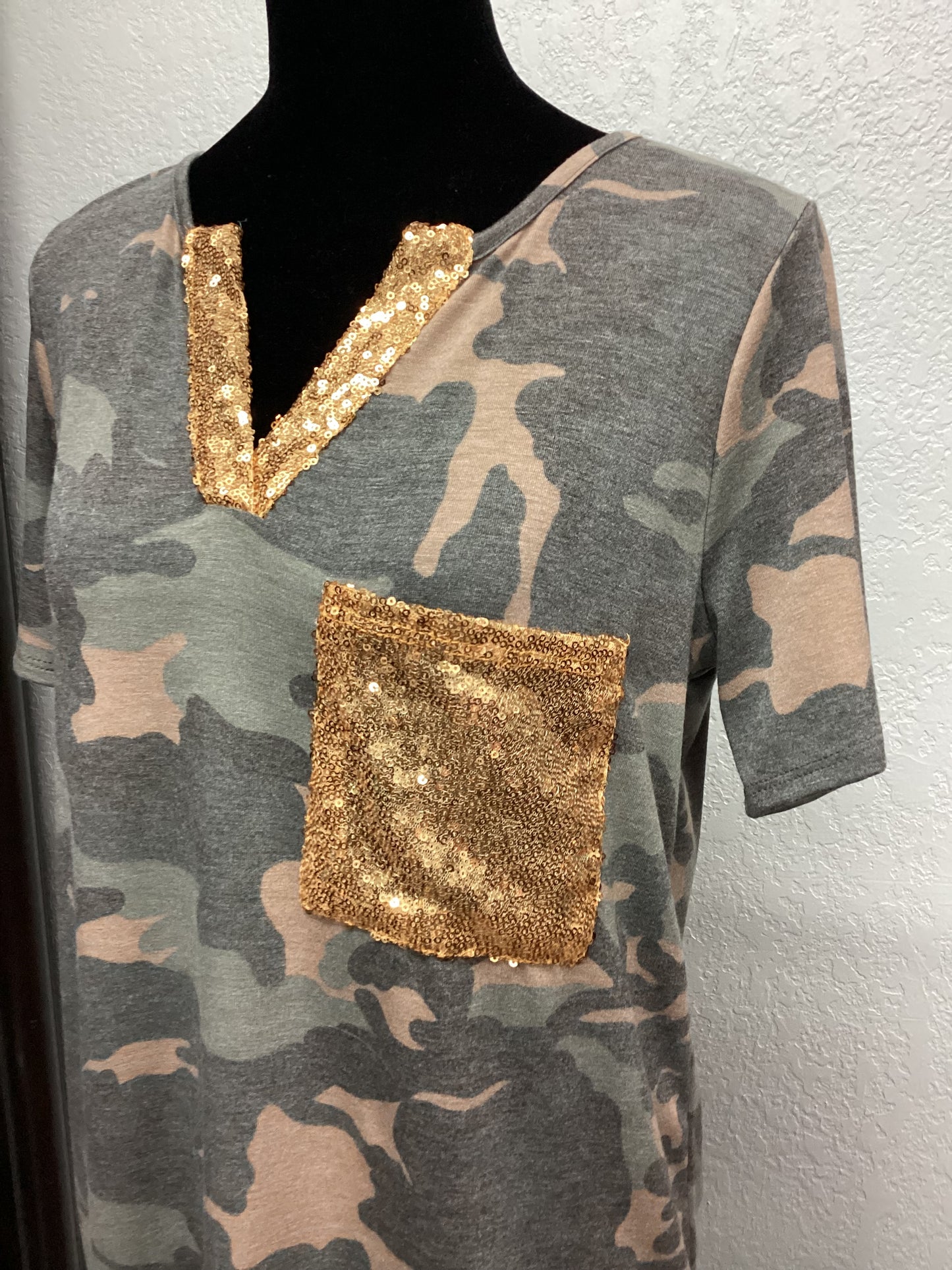 Camo Print Top Gold Sequins