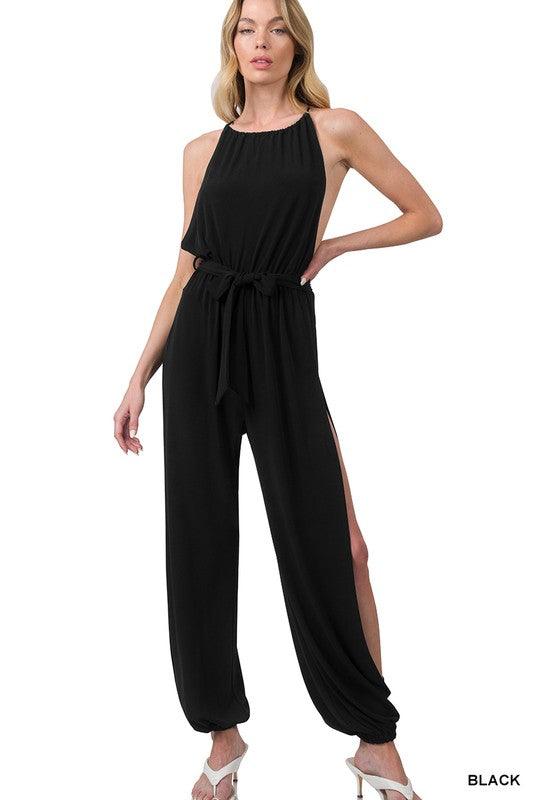 Halter Neck Tie Waist Jumpsuit - Southern Sassy Boutique