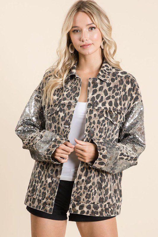 Image: Leopard BUTTONED FRONT COLLAR JACKET AND SEQUINS CUFF EDGE Leopard | Southern Sassy Boutique