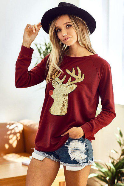 French Terry Pullover With Rudoloh Sequin - Southern Sassy Boutique