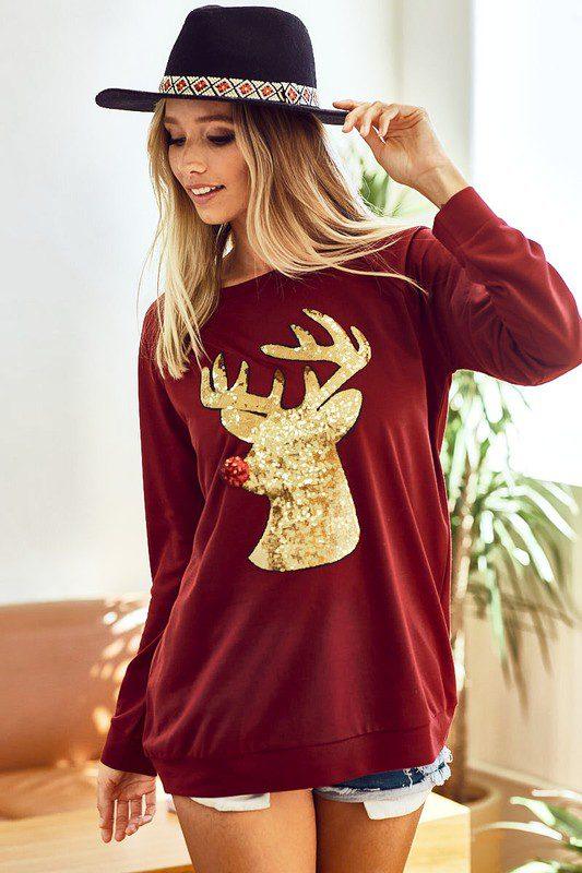 French Terry Pullover With Rudoloh Sequin - Southern Sassy Boutique