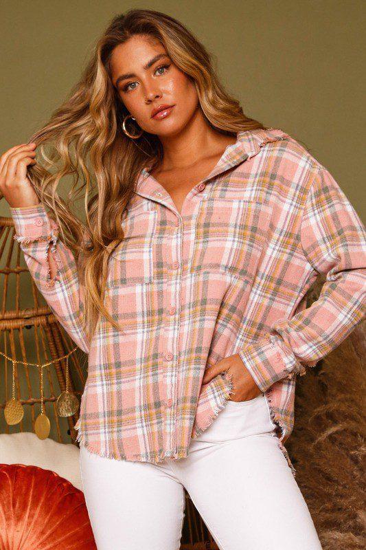 Image: Long Sleeve Multi Color Button Down Flannet Shirt with Frayed Trim Pink | Southern Sassy Boutique