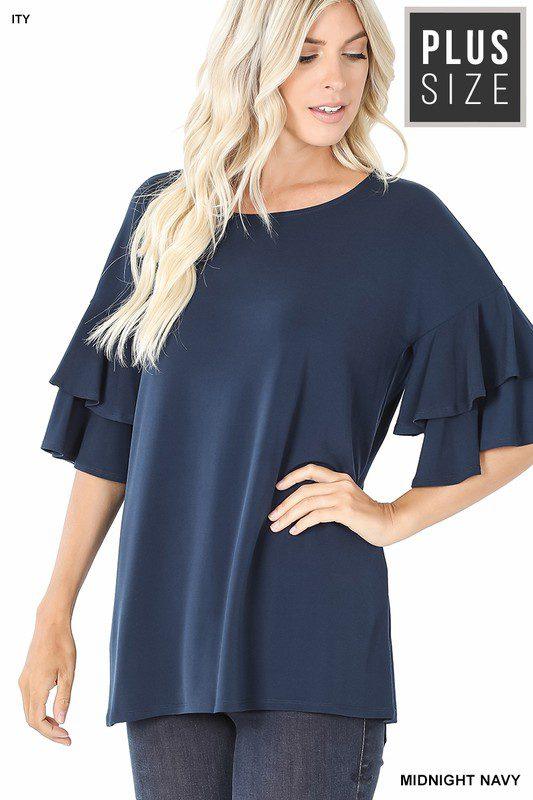 Image: Curvy Double Ruffle Top Midnight Navy | Southern Sassy Boutique