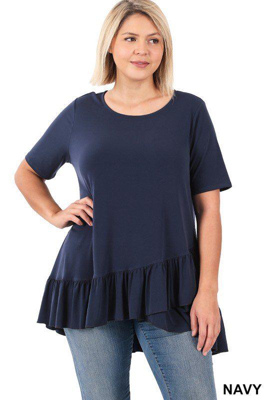 Image: Curvy Overlap Ruffle Top Navy | Southern Sassy Boutique