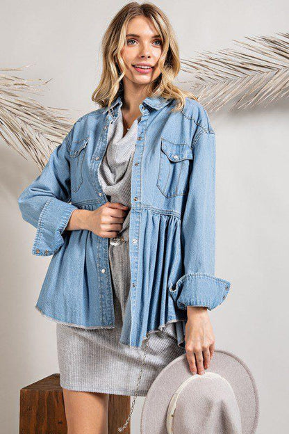 Image: Solid Chambray Babydoll Top/Jacket Denim | Southern Sassy Boutique