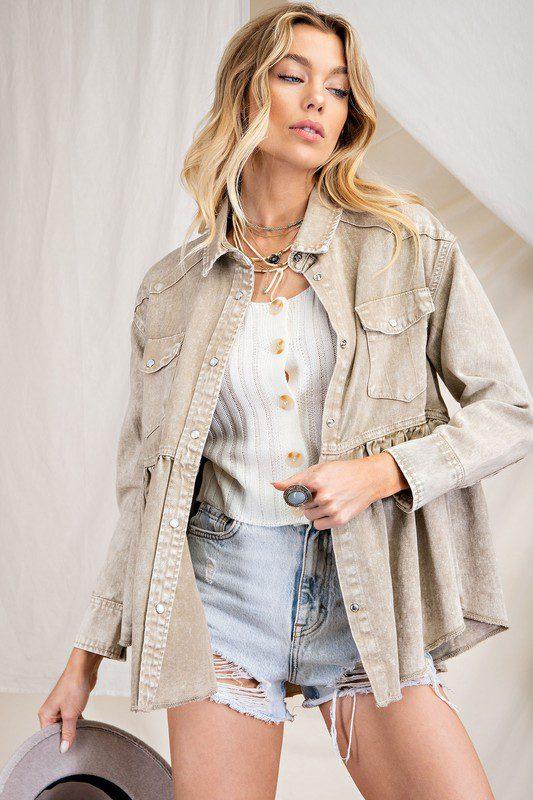 Image: Solid Chambray Babydoll Top/Jacket Taupe | Southern Sassy Boutique