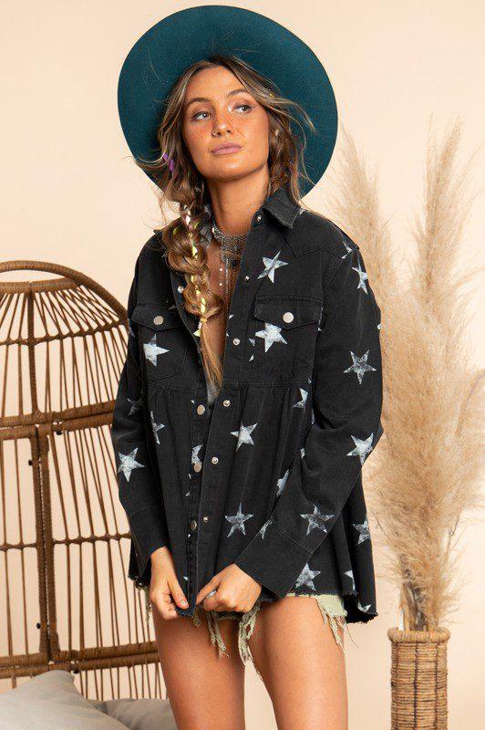 Image: Star Printed Denim Jacket Black | Southern Sassy Boutique