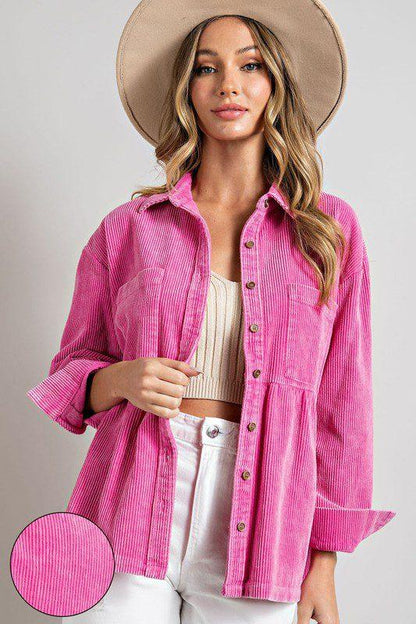 Image: Cordurary Button Down Shirt/Jacket Bubble Gum Pink | Southern Sassy Boutique