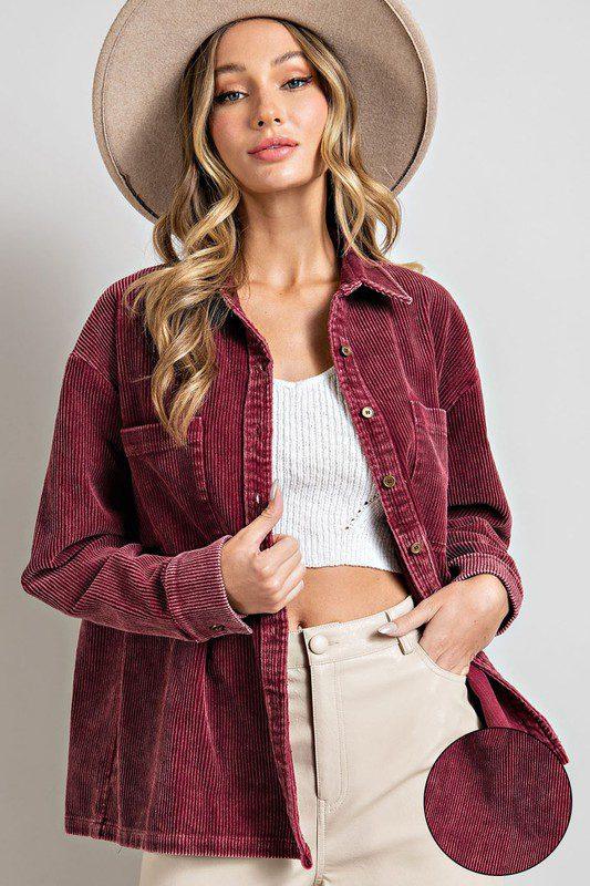 Image: Cordurary Button Down Shirt/Jacket Wine | Southern Sassy Boutique