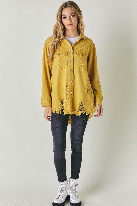 Image: Distressed Button Down Jacket Honey Mustard | Southern Sassy Boutique