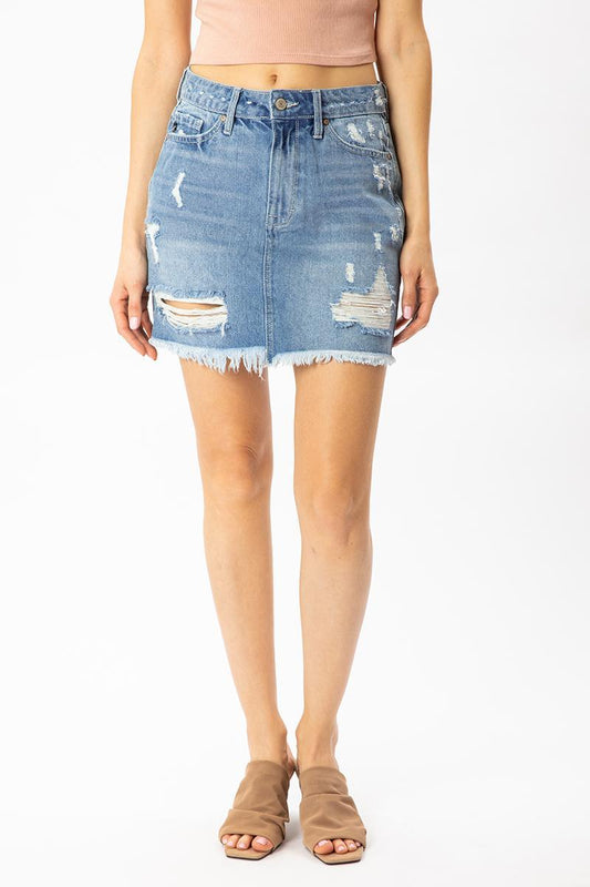 Image: Distressed Denim Skirt With Frey Light | Southern Sassy Boutique