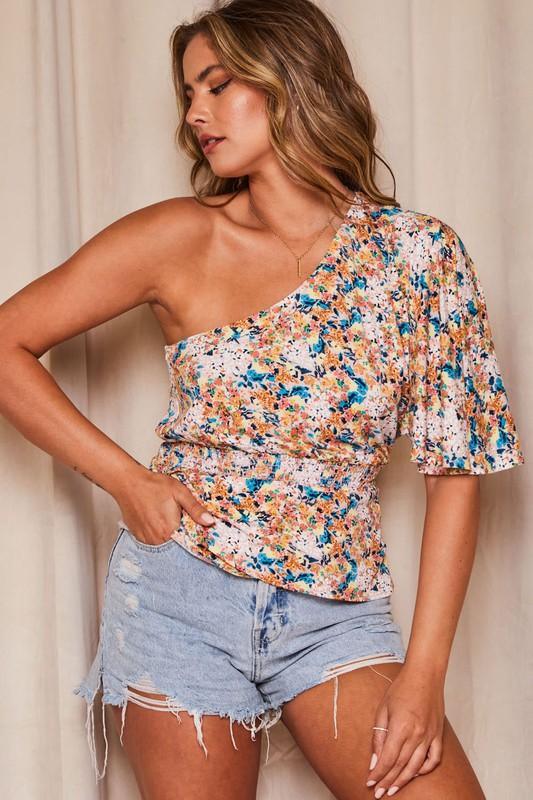 Image: One Shoulder Floral Top Blush/Multi Blue | Southern Sassy Boutique