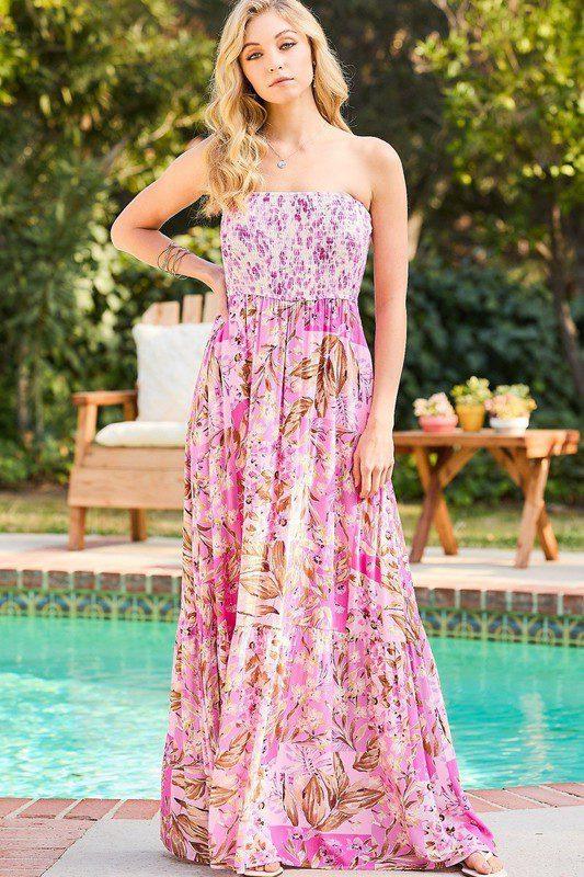 Image: Floral Smoking Tube Top Maxi Dress Fuchsia | Southern Sassy Boutique