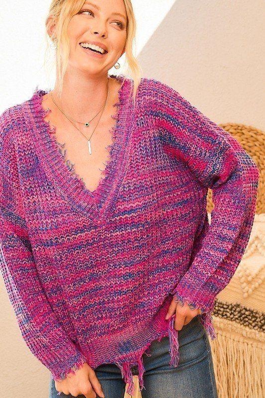 Image: Frayed V-Neck Sweater Fuchsia | Southern Sassy Boutique