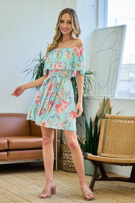 Floral Print Cold Shouler Mini Dress - Southern Sassy Boutique