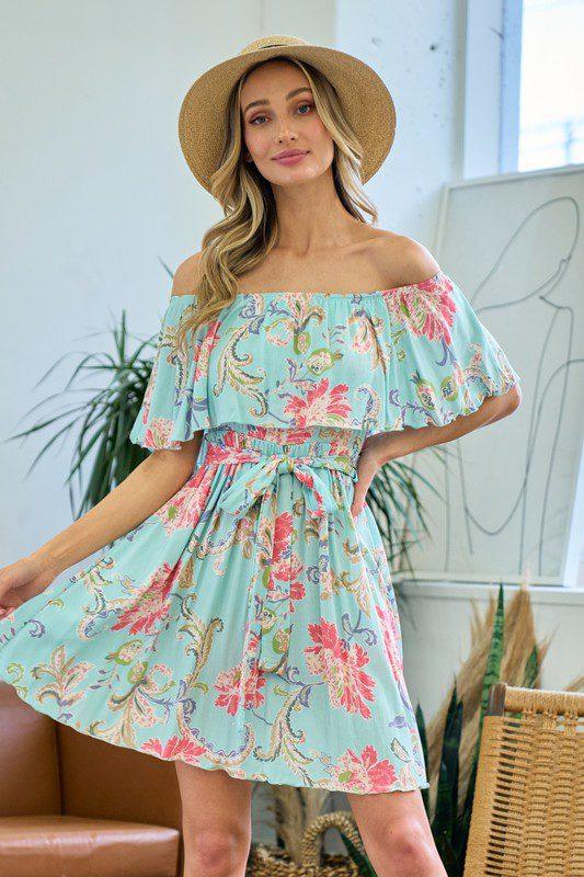 Image: Floral Print Cold Shouler Mini Dress Aqua | Southern Sassy Boutique