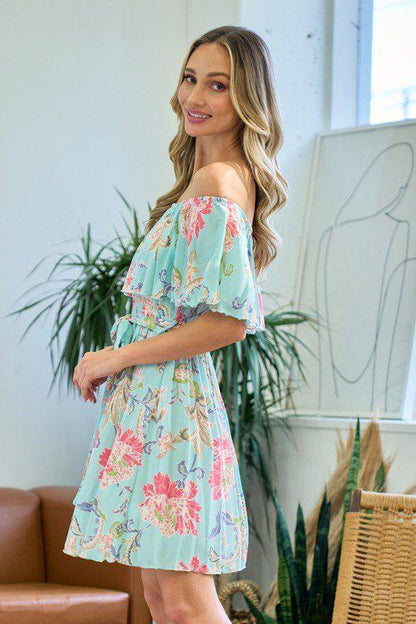 Floral Print Cold Shouler Mini Dress - Southern Sassy Boutique