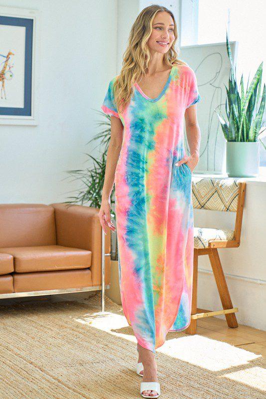 Rainbow Tie-Dye V-Neck Maxi Dress - Southern Sassy Boutique