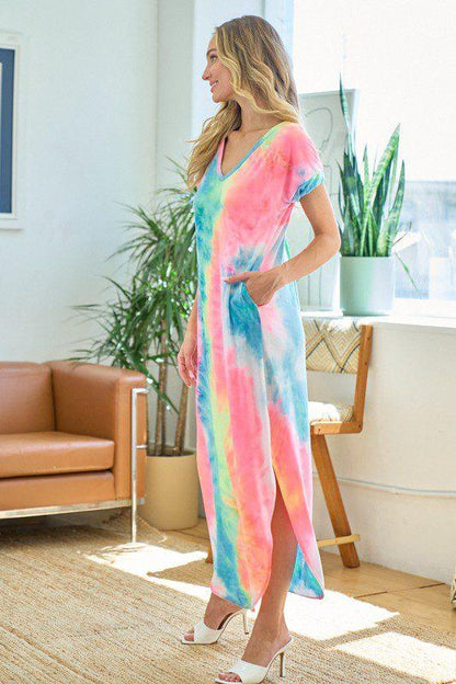 Rainbow Tie-Dye V-Neck Maxi Dress - Southern Sassy Boutique