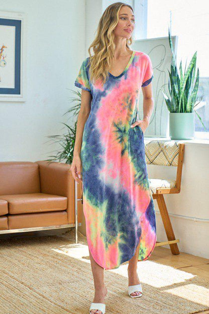 Rainbow Tie-Dye V-Neck Maxi Dress - Southern Sassy Boutique