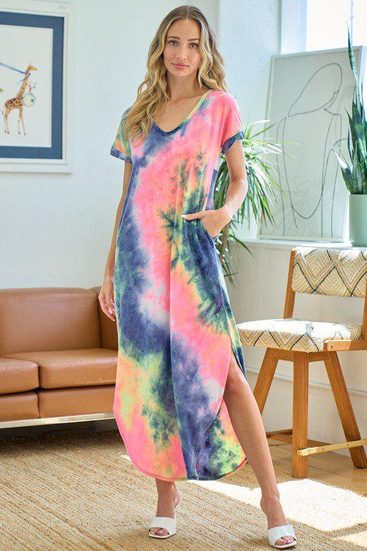 Image: Rainbow Tie-Dye V-Neck Maxi Dress Navy Blue | Southern Sassy Boutique