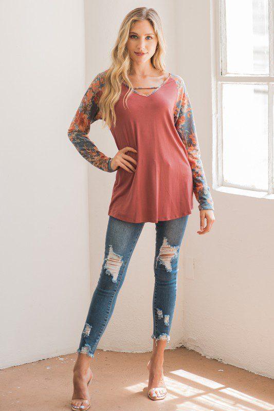 Image: Jersey Raglan Floral Top Brick | Southern Sassy Boutique