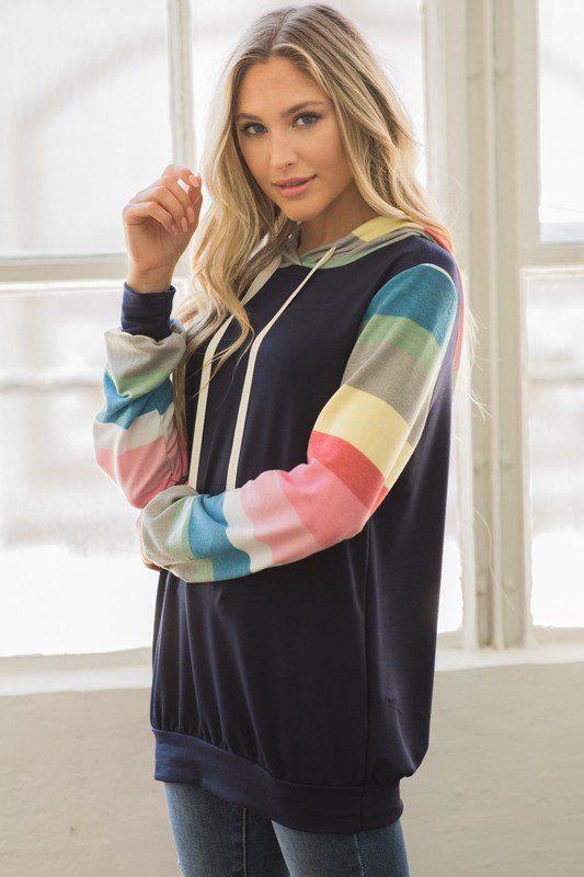 Multi Stripe Sleeve Hoodie - Southern Sassy Boutique