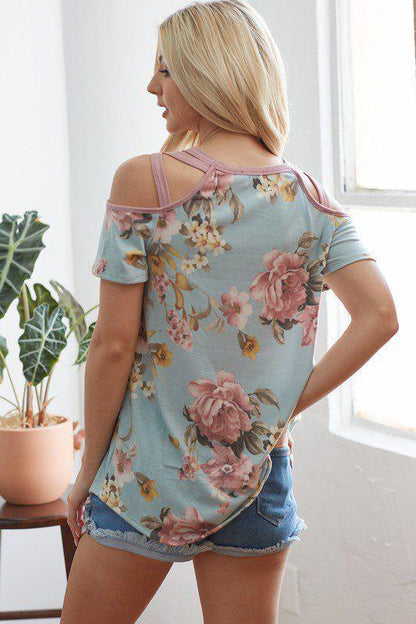 Floral Print Cold Shoulder Top - Southern Sassy Boutique