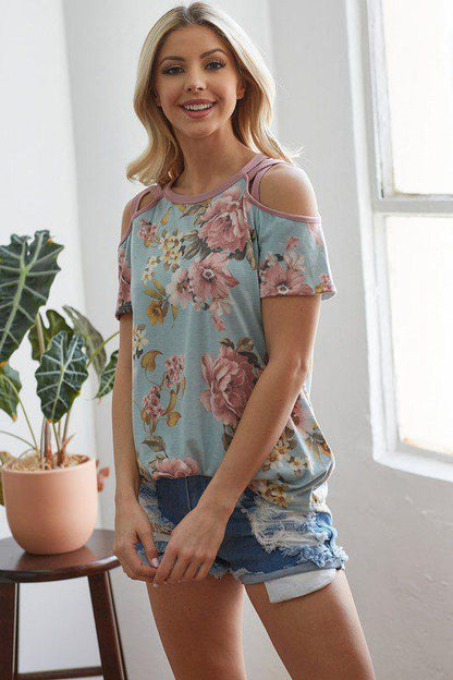 Floral Print Cold Shoulder Top - Southern Sassy Boutique