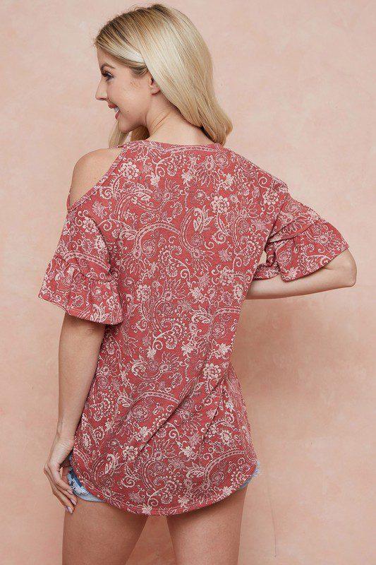 Paisley Print Cold Shoulder Top - Southern Sassy Boutique