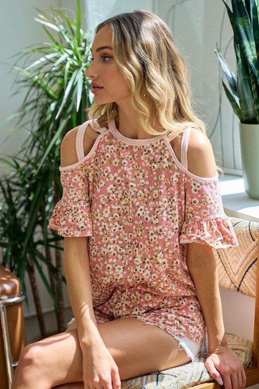 Floral Print Open Shoulder Top - Southern Sassy Boutique