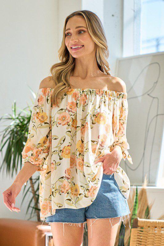 Image: Cold Shoulder Floral Print Tie Top Orange | Southern Sassy Boutique