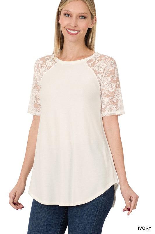 Solid Round Neck Short Sleeve Top With Lace - Southern Sassy Boutique