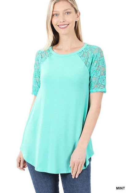 Solid Round Neck Short Sleeve Top With Lace - Southern Sassy Boutique