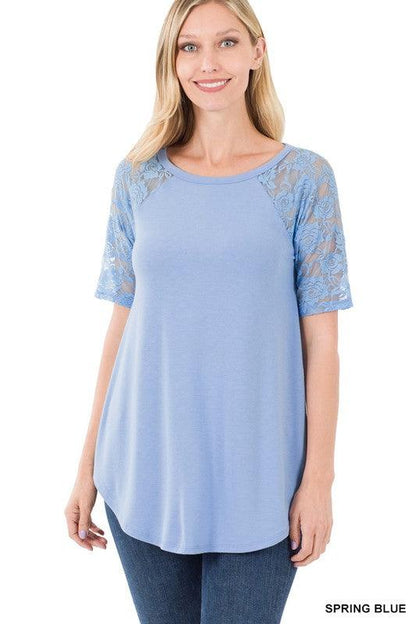 Solid Round Neck Short Sleeve Top With Lace - Southern Sassy Boutique