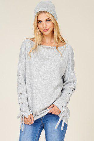 Image: Soft Sweatshirt with Tie Sleeves Grey | Southern Sassy Boutique