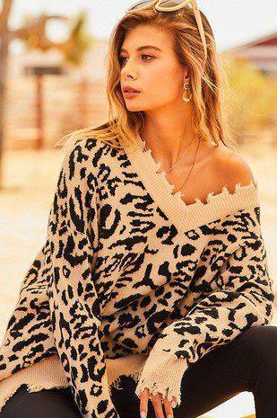 Image: Animal Print V-Neck Sweater Black | Southern Sassy Boutique