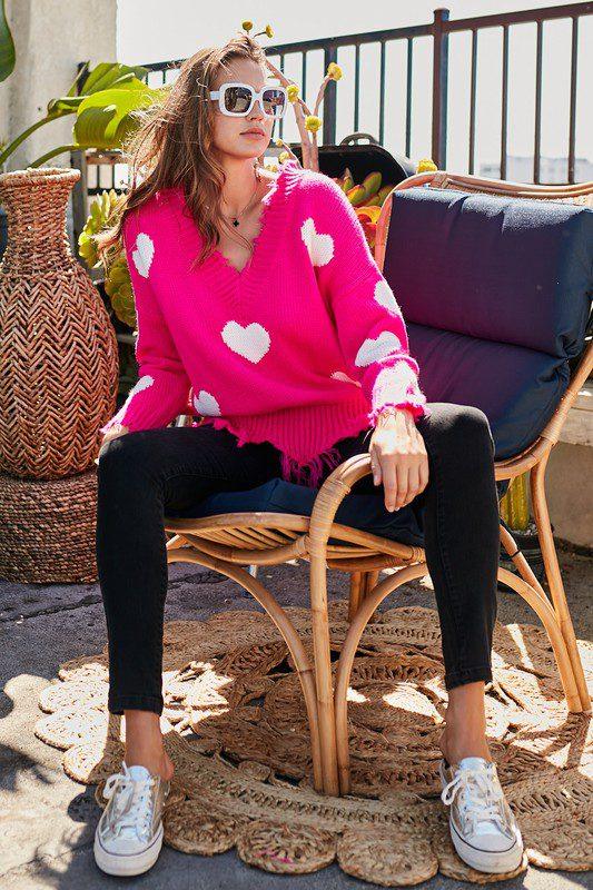 Image: White Heart Print V- neck Sweater Neon Fuchsia | Southern Sassy Boutique