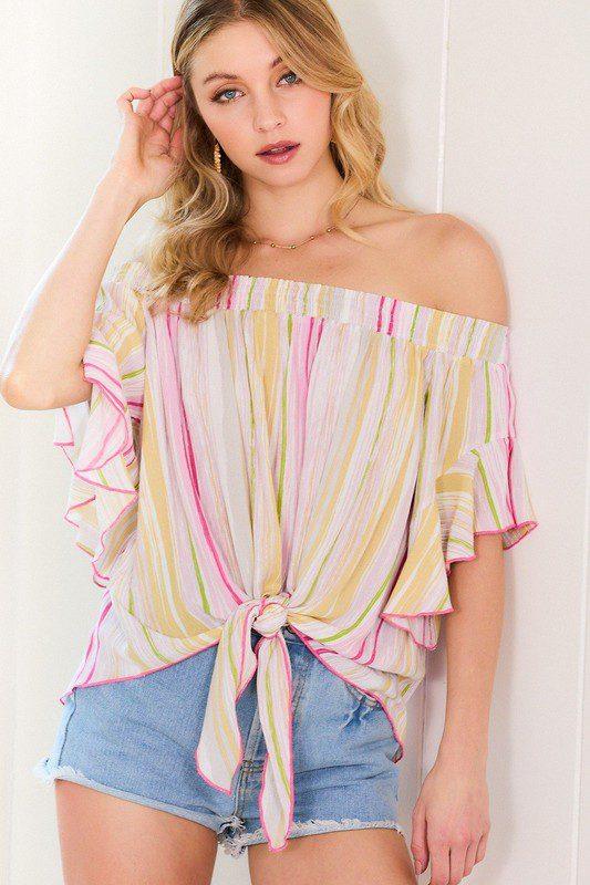 Image: Cold Shoulder Ruffle Blouse Pink | Southern Sassy Boutique