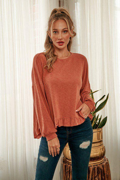 Solid Print Ruffle Long Sleeve Knit Top - Southern Sassy Boutique