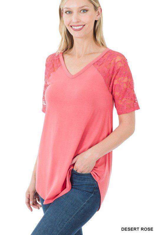 Image: V-Neck Top with Lace Sleeves Desert Rose | Southern Sassy Boutique