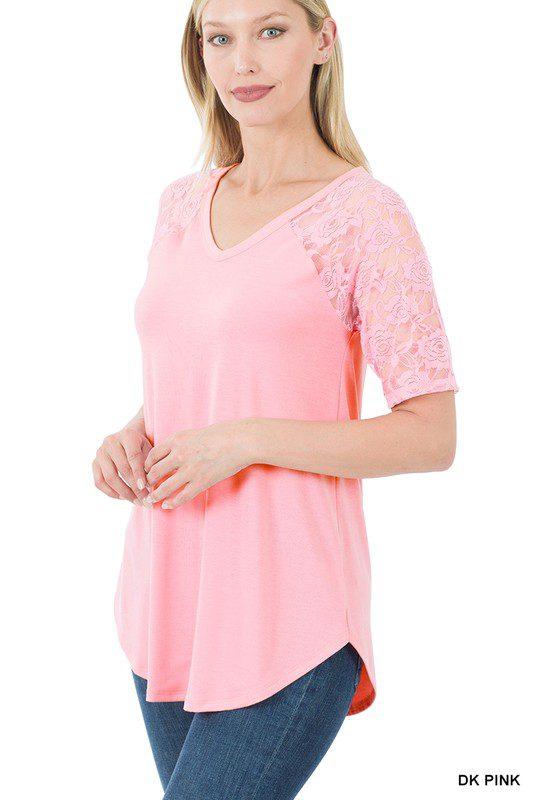 Image: V-Neck Top with Lace Sleeves Dark Pink | Southern Sassy Boutique