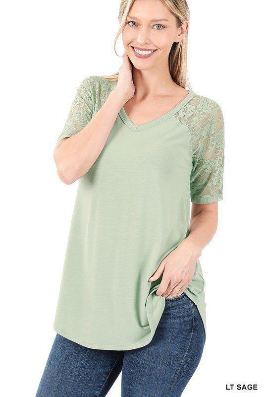 Image: V-Neck Top with Lace Sleeves Light Sage | Southern Sassy Boutique