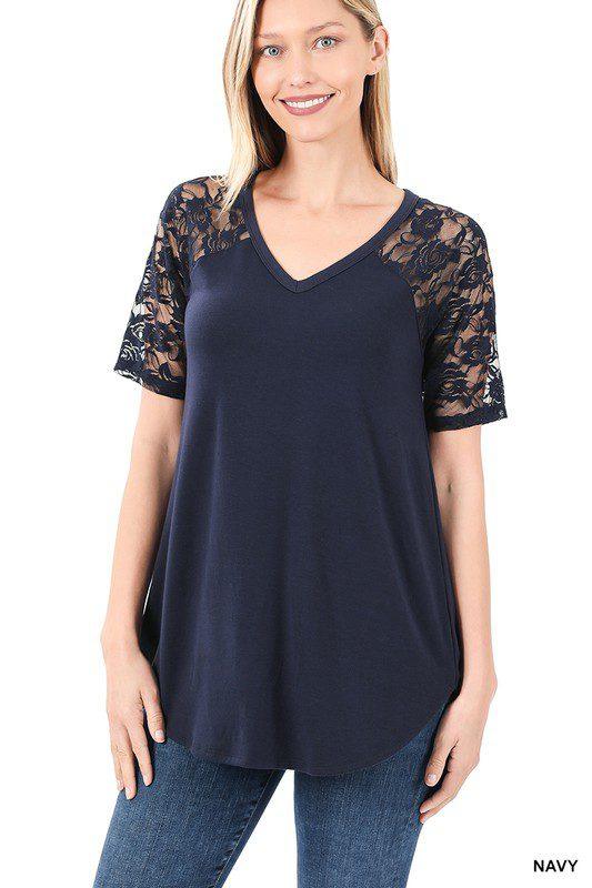 Image: V-Neck Top with Lace Sleeves Navy | Southern Sassy Boutique