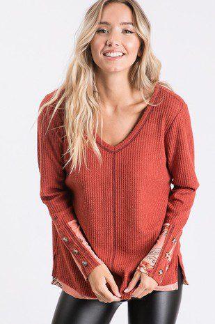 Image: Long Sleeve Waffle Knit Top WIth Floral Detail Rust | Southern Sassy Boutique