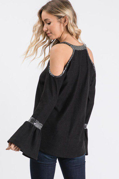 Sequin Cold Shoulder Long Sleeve - Southern Sassy Boutique