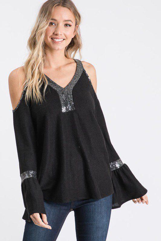 Sequin Cold Shoulder Long Sleeve - Southern Sassy Boutique