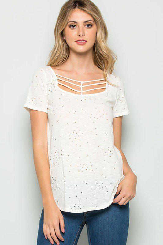 Image: Cage Neck Short Sleeve Top Ivory | Southern Sassy Boutique