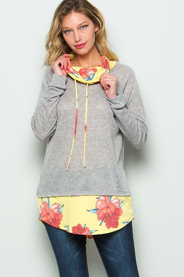 Image: Color Block Funnel Neck Sweat Shirt Lemon | Southern Sassy Boutique